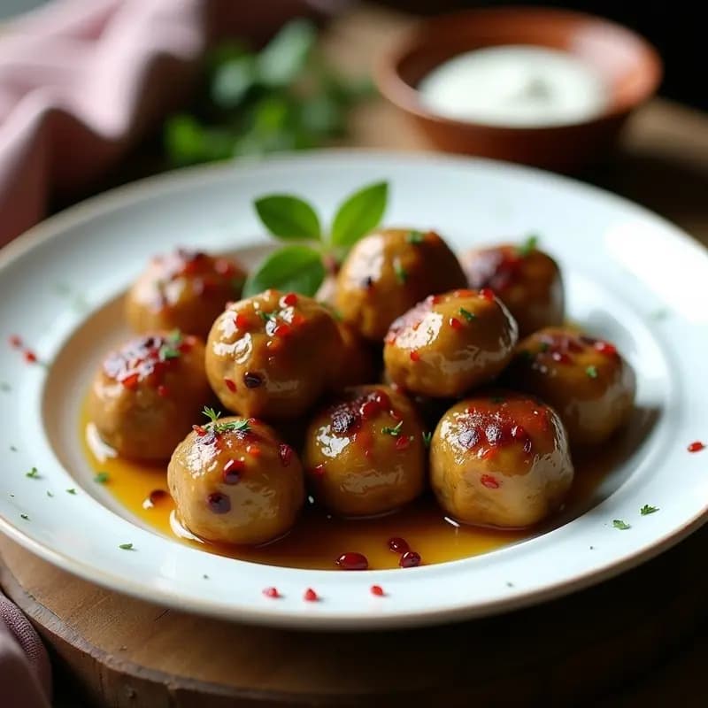 Boulettes de Berberis y Carne de Cordero al horno, doradas y jugosas, con trozos visibles de berberis rojo brillante, servidas en plato de cerámica blanca sobre fondo rústico de madera.