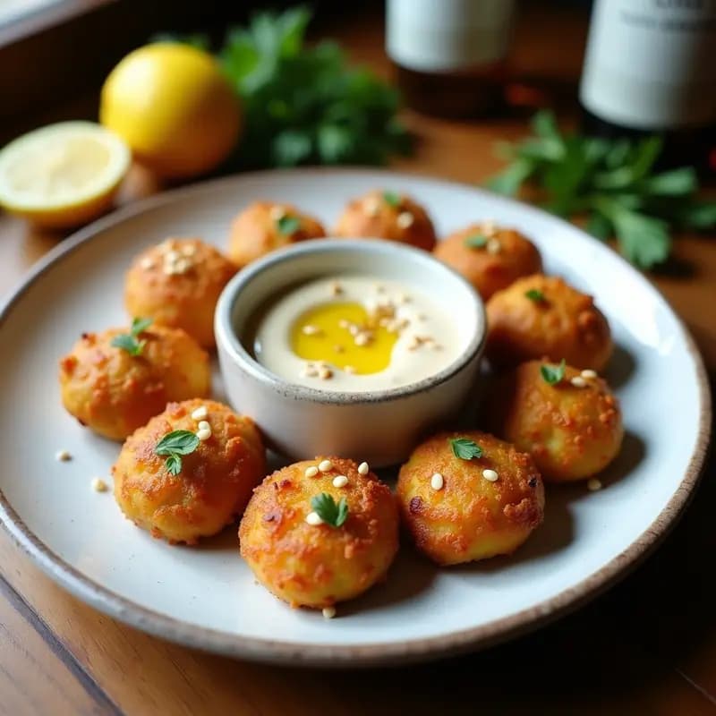 Boulettes de berenjena y garbanzos doradas y crujientes, dispuestas en un plato blanco rústico con salsa de tahini cremosa y semillas de sésamo tostadas. Aperitivo francés vegano elegante y alto en proteína.
