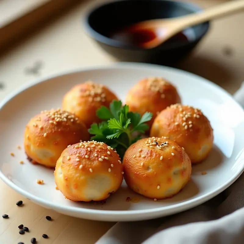 Plato blanco con Boulettes de Berenjena y Hatcho Misso doradas y crujientes, espolvoreadas con semillas de sésamo tostado, servidas con una salsa oscura de umami y decoradas con rodajas de jengibre fresco, receta de albóndigas japonesas veganas en sartén.