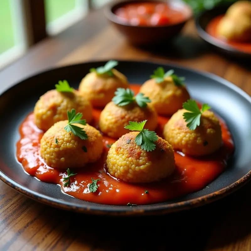 Plato de boulettes de berenjena y mijo doradas al horno, servidas sobre una salsa de tomate espesa y especiada, decoradas con semillas de sésamo tostadas y hojas de cilantro fresco. Receta senegalesa sin gluten.