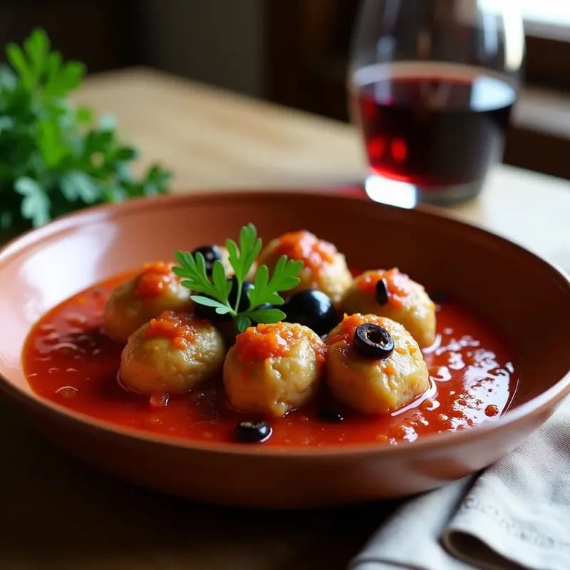 Plato hondo de cerámica blanca con boulettes de carne de res doradas, bañadas en una salsa de tomate espesa con aceitunas negras y perejil fresco, servidas sobre un mantel de lino rústico. Receta francesa tradicional de boulettes con salsa de tomate y aceitunas.