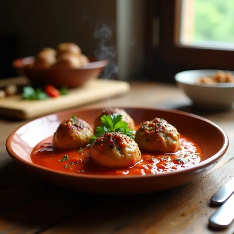 Plato hondo de cerámica blanca con boulettes de cordero doradas bañadas en una salsa de tomate espesa y brillante, decoradas con hierbas provenzales frescas y acompañadas de una ramita de romero. Receta francesa tradicional de boulettes de cordero con hierbas provenzales y salsa de tomate.