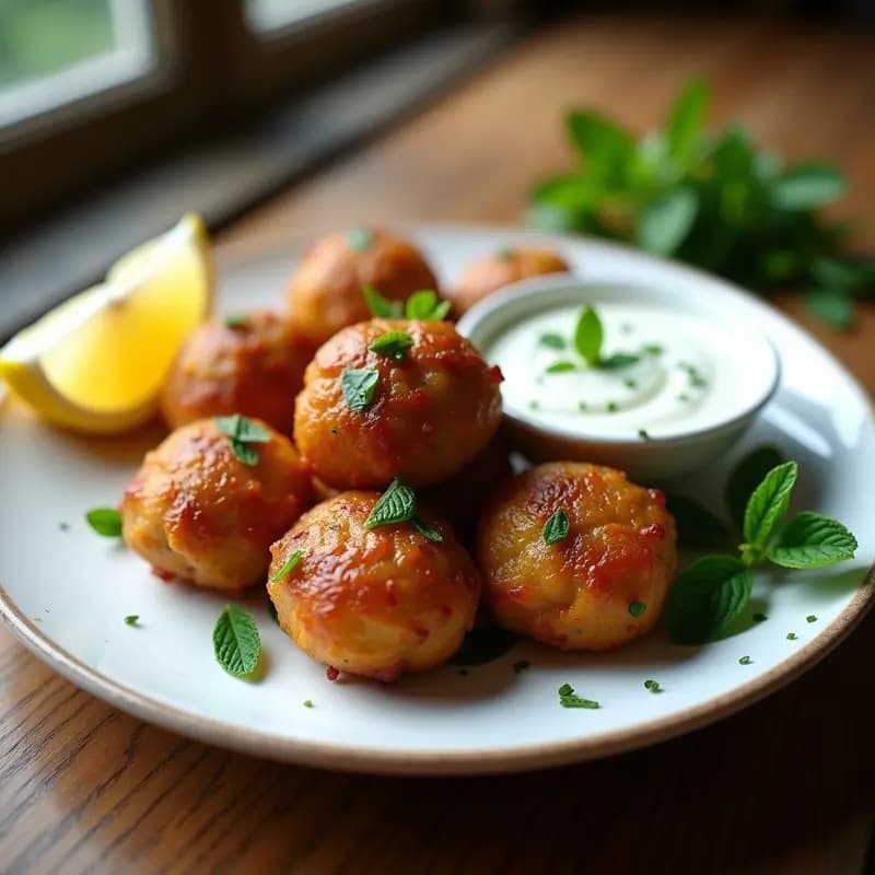 Boulettes de cordero doradas y crujientes con trocitos de menta fresca, servidas en un plato blanco con salsa de yogur griego cremosa y una rodaja de limón al lado. Receta francesa en airfryer sin gluten.