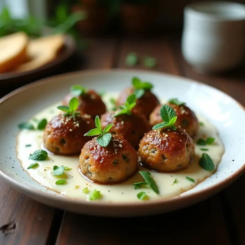 Plato blanco con boulettes de cordero doradas y jugosas, bañadas en una salsa cremosa de yogur con menta fresca, acompañadas de rodajas de limón y hojas de menta. Receta francesa con toque árabe tradicional.