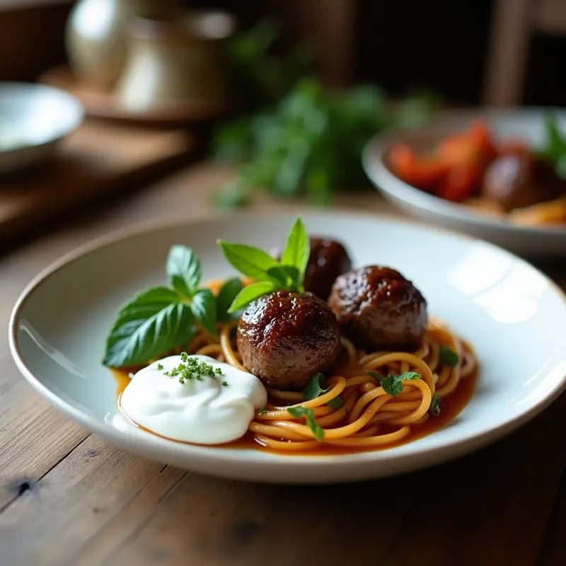 Plato blanco con boulettes de cordero doradas y crujientes, bañadas en salsa cremosa de menta y yogur de coco, decoradas con almendras fileteadas tostadas y hojas de menta fresca. Receta argelina sin lácteos, alta en proteínas y llena de especias aromáticas.