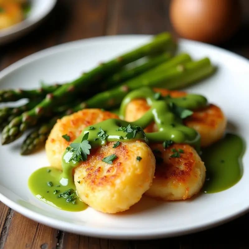 Plato blanco con boulettes de merluza y patata doradas, bañadas en salsa verde francesa con perejil y alcaparras, acompañadas de espárragos al vapor.