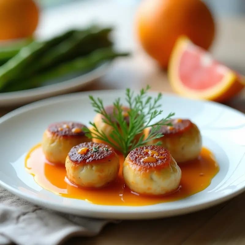 Plato blanco con boulettes de merluza doradas al horno, bañadas en salsa cremosa de cítricos y eneldo, acompañadas de rodajas de limón y naranja. Receta francesa baja en calorías.