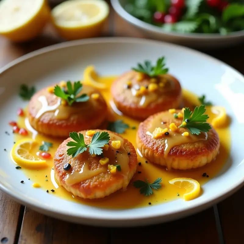 Plato blanco con boulettes de pescado doradas y crujientes, bañadas en una salsa brillante de cítricos y hierbas, decoradas con perejil fresco y rodajas de limón confitado. Receta marroquí ligera y sin lactosa.