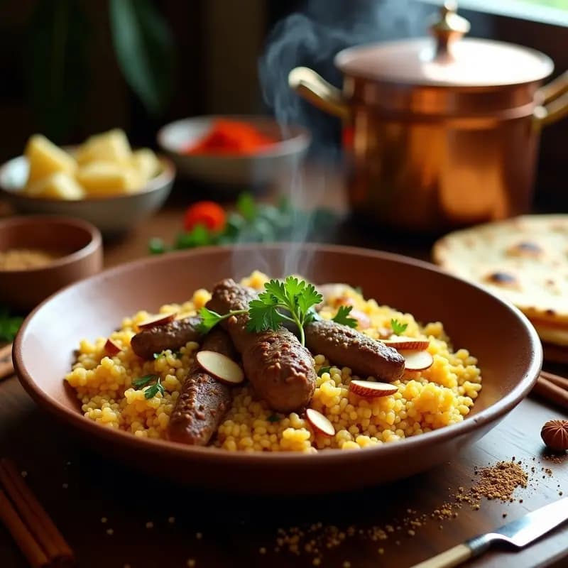 Plato hondo de barro con boulgour con cordero y pasas al estilo persa, decorado con almendras fileteadas, perejil fresco y hebras de azafrán, servido en olla express con fondo de especias exóticas.