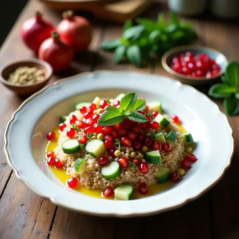 Ensalada libanesa de boulgour con granadas y mentas frescas en un bol de cerámica blanca, con semillas de granada rojas brillantes, hojas de menta verde vibrante y trocitos de pistacho. Plato fresco, colorido y listo para servir.