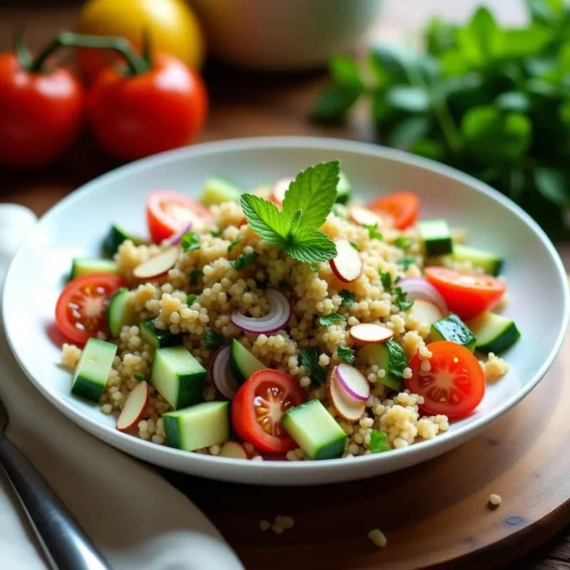 Ensalada colorida de boulgour con hierbas frescas, limón confitado y almendras tostadas, servida en un bol de cerámica blanca sobre fondo rústico.