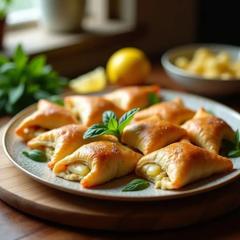 Bourek de Queso Halloumi y Menta dorados y crujientes en sartén, con capas de masa filo visibles y relleno fundente asomando por los bordes, acompañados de hojas de menta fresca y rodajas de limón.