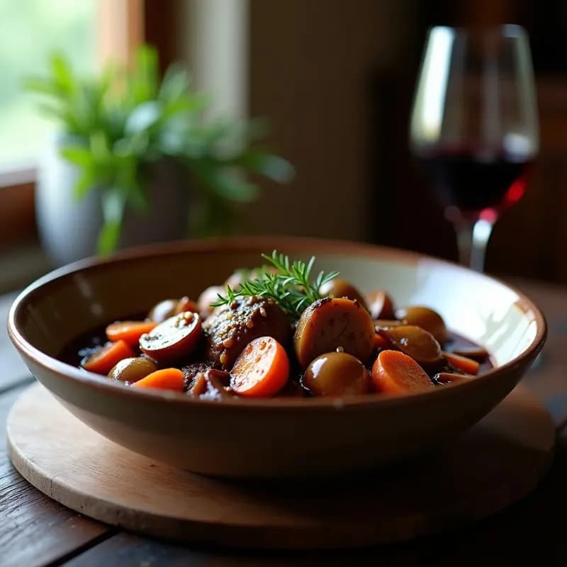 Estofado francés vegano de bourguignon de seitán y champiñones portobello en olla lenta, servido en cuenco de barro con salsa espesa y hierbas frescas, acompañado de pan rústico.