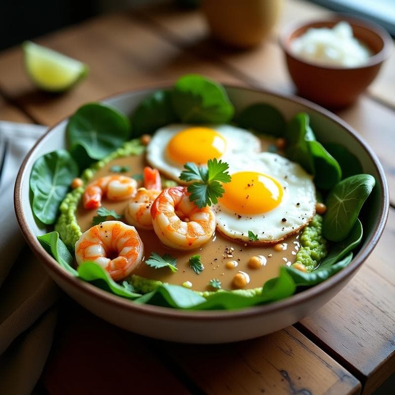 Bowl colorido con base de espinacas, aguacate cremoso, camarones salteados con salsa de manteiga de amendoim, huevos fritos, decorado con cilantro y sésamo, plato típico brasileño alto en proteína.