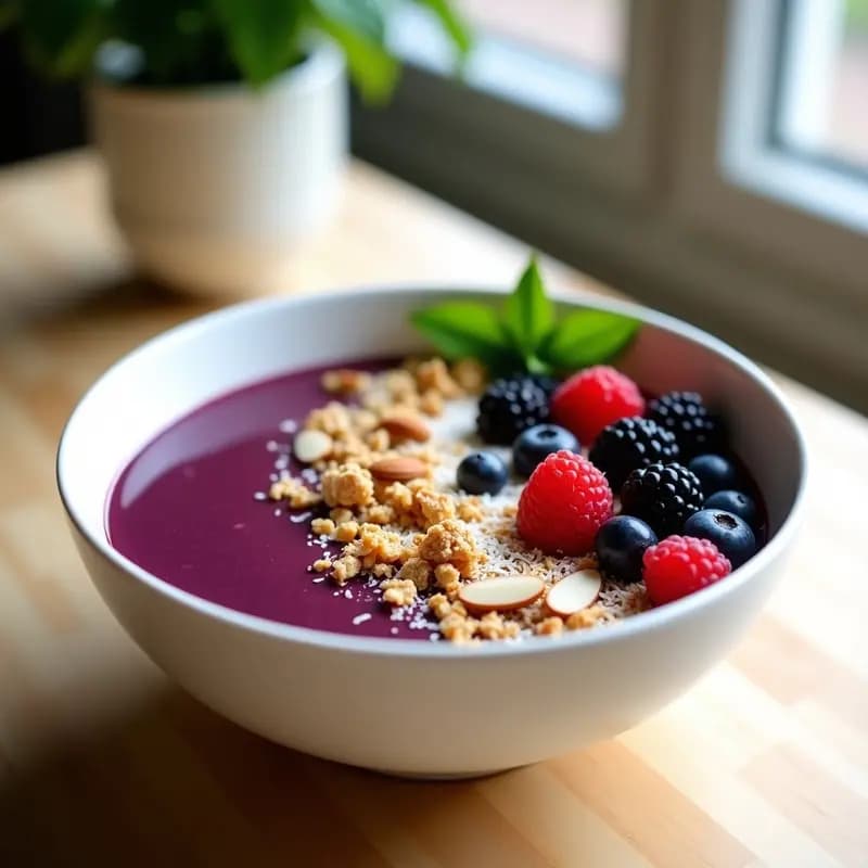 Bowl hondo de cerámica blanca con base morada cremosa de açai, cubierto de granola dorada de almendra, frutos del bosque frescos (arándanos, frambuesas y moras), coco rallado y un hilo de sirope de arce. fondo de madera clara con hojas de menta decorativas. Receta de bowl de açai con granola de almendra y frutos del bosque, desayuno brasileño alto en antioxidantes.