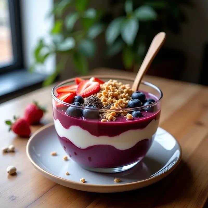 Bowl transparente con capas de smoothie morado de acai, yogur, frutas rojas y fresas, coronado con granola dorada de semillas de calabaza, coco rallado y polvo de maca. Desayuno energético en capas listo para Instagram.