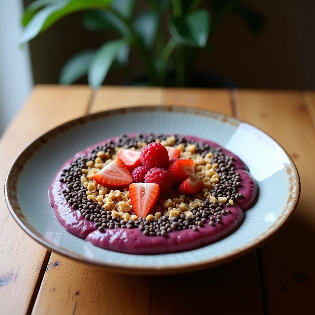 Bowl hondo de cerámica blanca con base morada de çaçaí, cubierto de granola dorada de coco, semillas de chía, frutos rojos y hojas de menta. Desayuno brasileño antioxidante sin lácteos en un fondo rústico de madera.