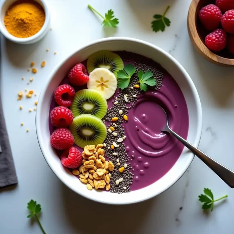 Bowl colorido y vibrante con base cremosa de açaí y plátano, decorado con granola dorada de cúrcuma, frambuesas, kiwi, almendras y un hilo de leche de tigre amarilla. Plato servido en cuenco blanco sobre fondo claro, ideal para desayuno detox brasileño.