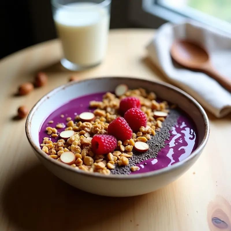 Bowl de açaí morado intenso en cuenco hondo, cubierto con granola dorada de kokum, almendras, nueces y frambuesas frescas. Desayuno vegano brasileño saludable.