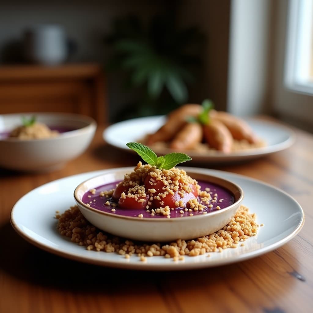 Bowl de açaí y plátano con granola de amaranto en un cuenco de madera, decorado con frambuesas, semillas de chía y hojas de menta. Desayuno brasileño energético y sin lácteos con texturas cremosas y crujientes.