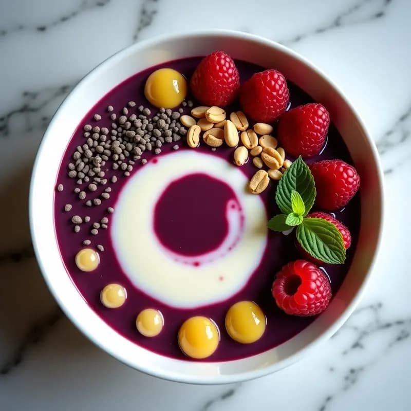 Bowl de açaí morado intenso en un cuenco blanco, con queso crema en espiral en el centro, caviar de limón amarillo brillante alrededor, frambuesas rojas, granola dorada, cacahuetes y hojas de menta fresca. Desayuno brasileño gourmet fotogénico.