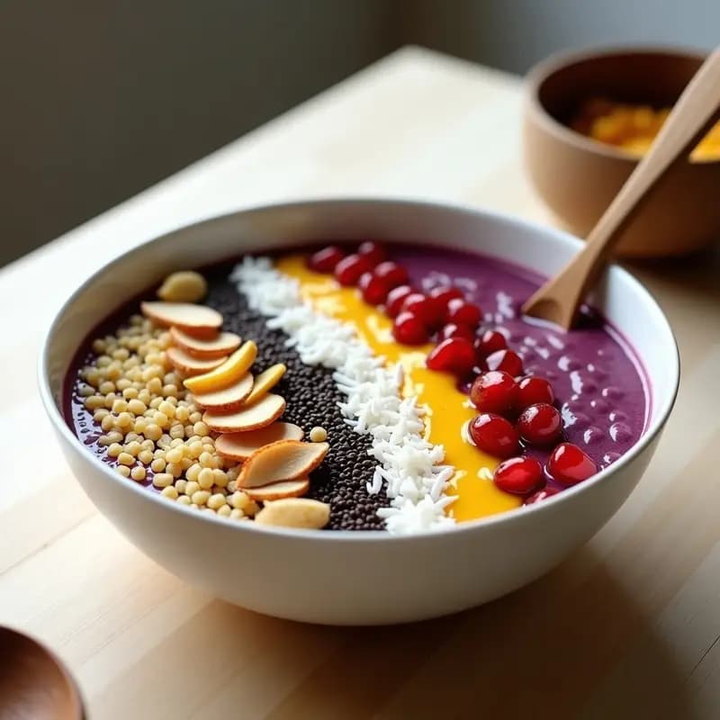 Bowl de açaí cremoso de color morado oscuro con toppings de quinoa inflada crujiente, coco rallado blanco, semillas de chía negras, granos de granada rojos brillantes y salsa amarilla de fruta de la pasión en espiral. Decorado con cáscaras de maracuyá y almendras fileteadas, sobre fondo blanco con cuchara de madera. Receta de bowl de açaí con quinoa inflada y fruta de la pasión, energía amazónica.