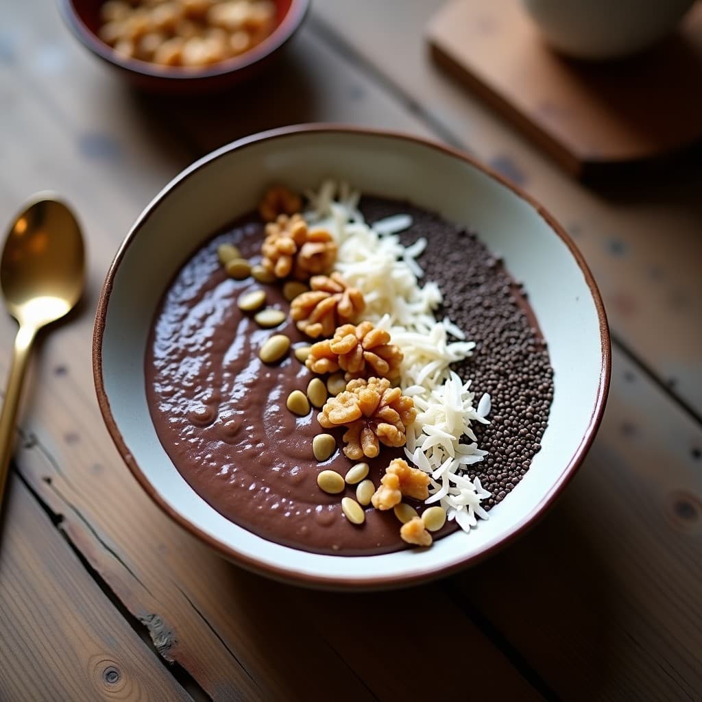 Bowl de color marrón oscuro con textura cremosa de alfarroba y chía, decorado con nueces picadas, coco rallado y semillas de calabaza. Servido en un plato hondo blanco sobre fondo rústico de madera.
