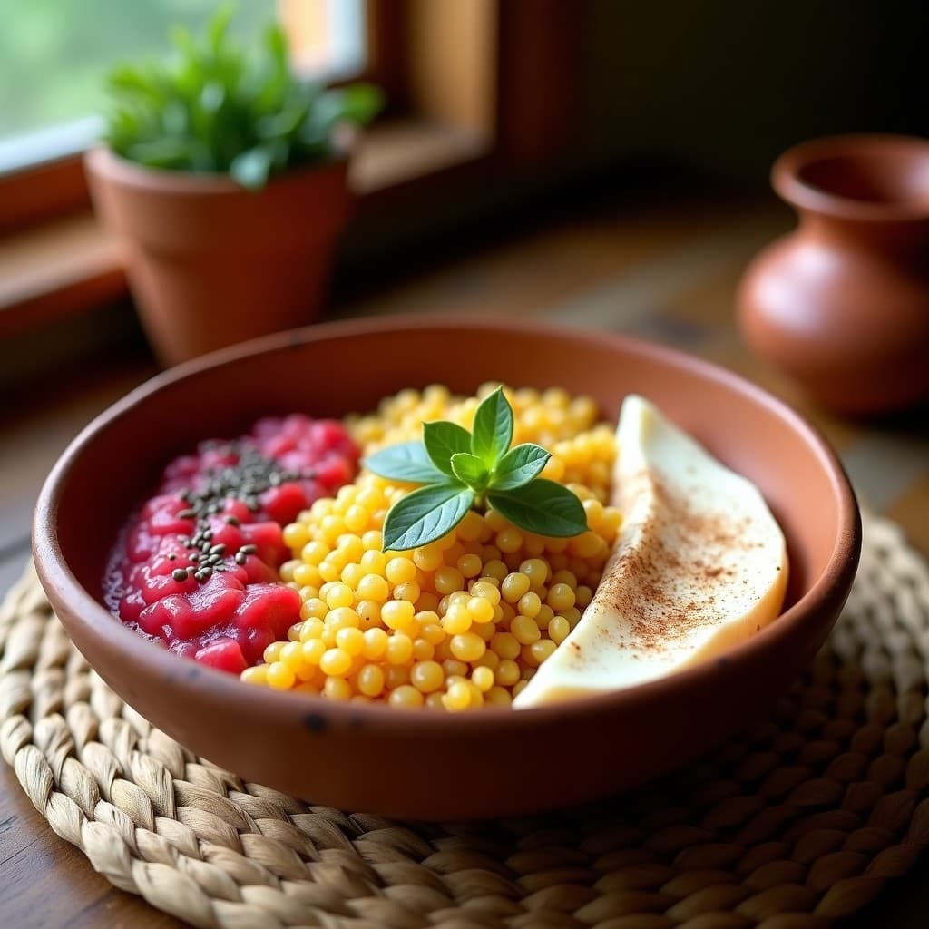 Bowl hondo de barro con amaranto esponjoso de color dorado, compota de guayaba rosada y brillante a un lado, queso de cajuil cremoso color beige al otro, decorado con semillas de chía negras y hojas de epazote verde. Desayuno mexicano saludable sin gluten.