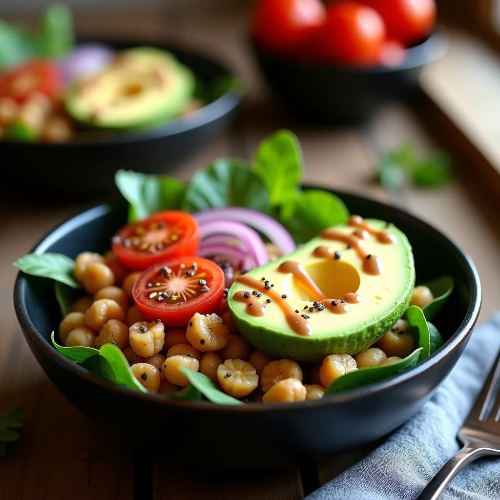 Bowl de cerámica negra con base de espinacas, amaranto cocido, aguacate en cubos, tomates cherry, cebolla morada y semillas de chía, bañado con aderezo cremoso de cacahuete y decorado con cilantro fresco. Plato colorido y nutritivo típico de desayuno azteca sin azúcar.