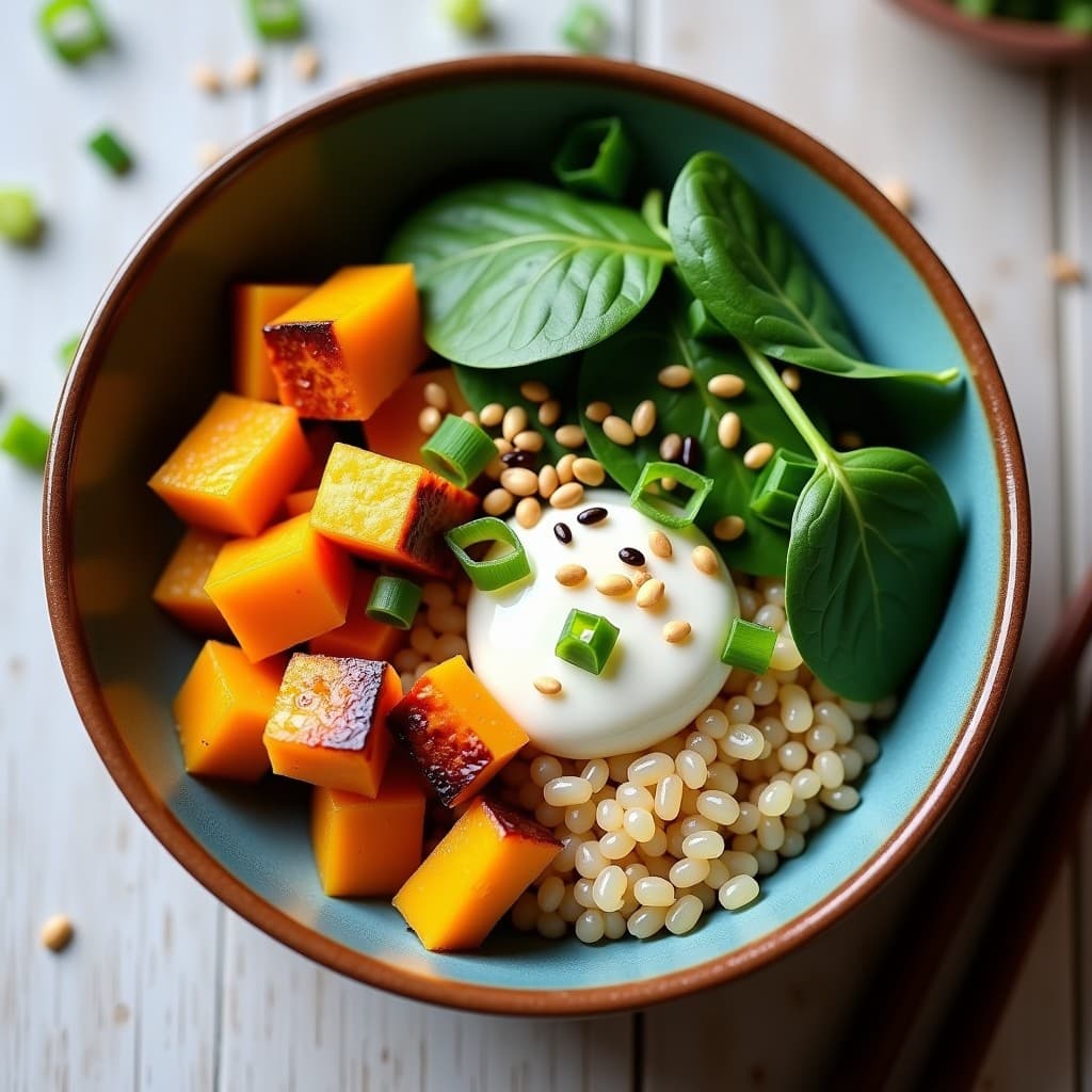Bowl de amaranto cocido con cubos dorados de calabaza kabocha asada, espinacas frescas, semillas de sésamo y cebollino, bañado en aderezo cremoso de miso blanco. Plato colorido y apetitoso sobre fondo rústico de madera.