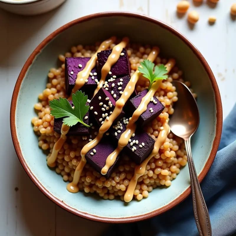 Bowl colorido con base de amaranto cocido, cubos dorados de camote morado asado, aderezo cremoso de cacahuate y decoración de semillas de sésamo y cilantro fresco. Plato de desayuno peruano sin gluten lleno de texturas y colores vibrantes.