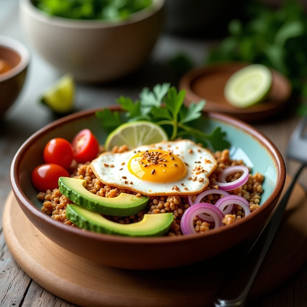 Bowl de amaranto inflado con trozos de aguacate verde, huevo pochado de yema líquida, aderezo cremoso de chipotle y semillas de sésamo, servido en un plato hondo de cerámica blanca sobre una mesa de madera rústica.