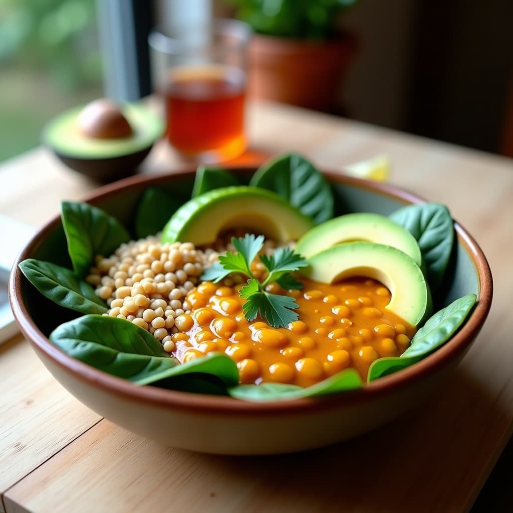 Bowl colorido con base de espinacas, amaranto esponjoso, guiso cremoso de frijoles mung dorados y rodajas de aguacate verde. Decorado con semillas de sésamo y cilantro fresco, servido en un plato de cerámica rústica.