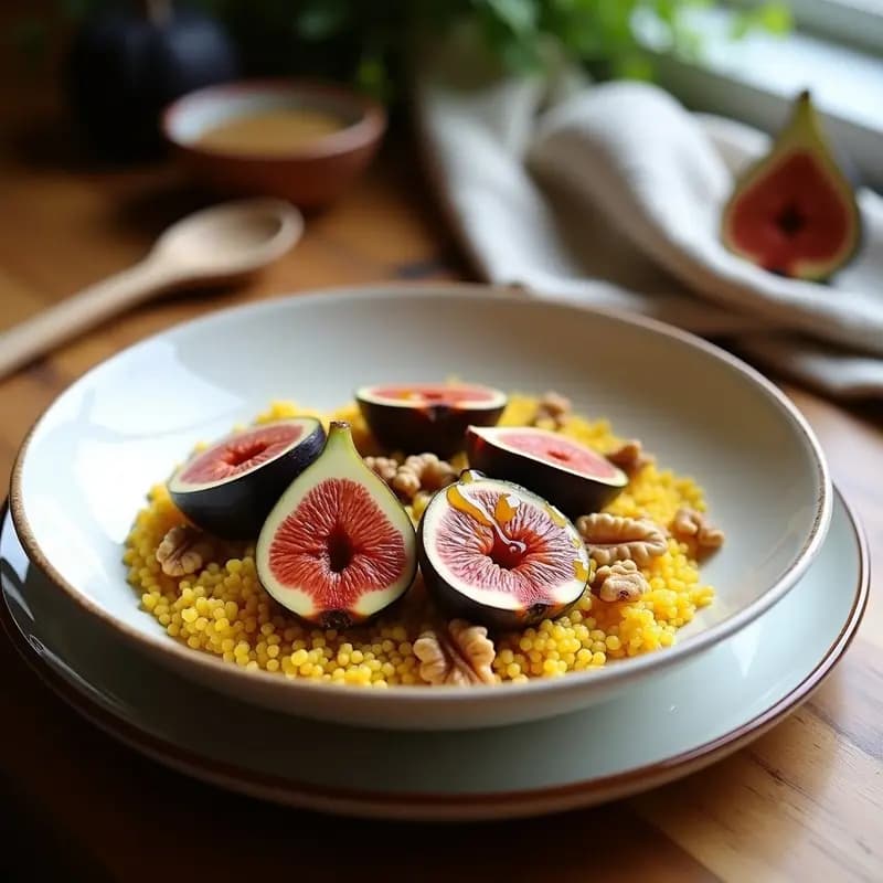 Bowl de desayuno con amaranto cocido de color dorado, higos frescos en cuartos, nueces picadas y semillas de chía, bañado en un aderezo brillante de vinagre de sidra. Plato saludable, sin gluten y alto en fibra sobre fondo rústico de madera.