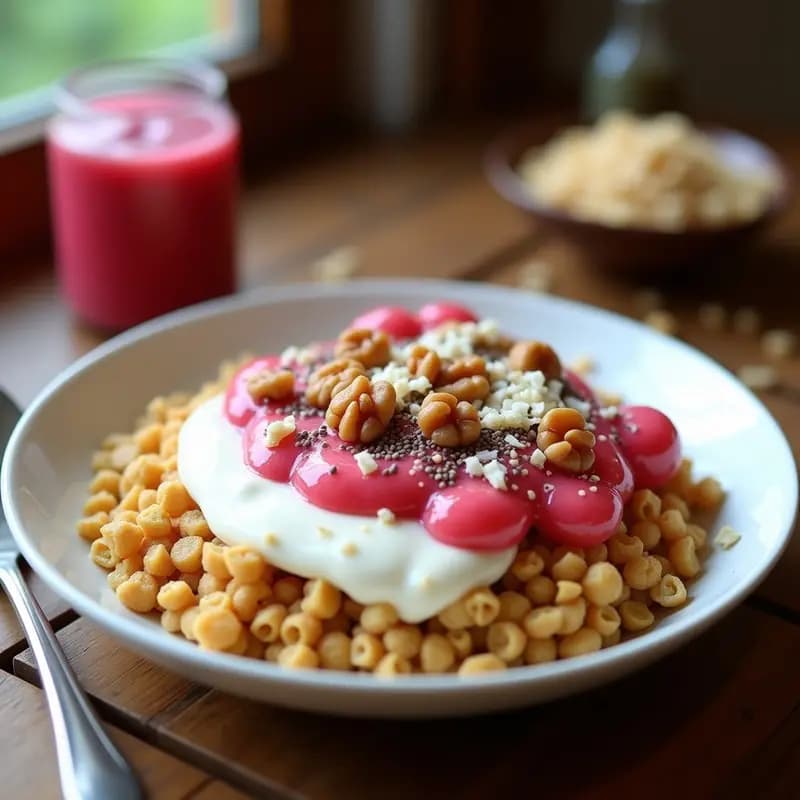 Bowl de desayuno con amaranto inflado dorado, leche de avena cremosa, compota de guayaba rosada y toppings de semillas de chía, nueces y coco rallado. Plato colorido y saludable sin azúcar.