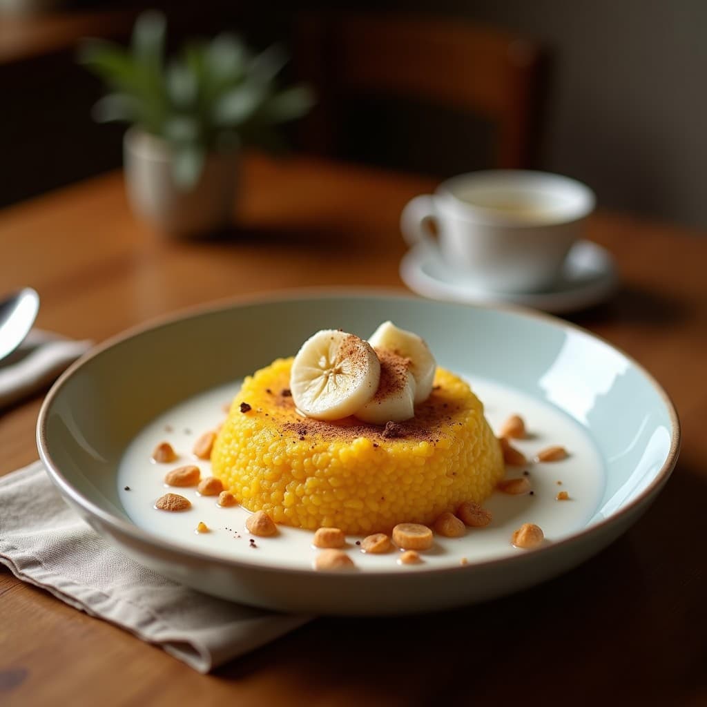 Bowl de desayuno con porridge cremoso de amaranto y leche de coco, coronado con rodajas doradas de plátano macho, semillas de chía, almendras fileteadas y coco rallado, espolvoreado con canela. Receta sin gluten y alta en magnesio.