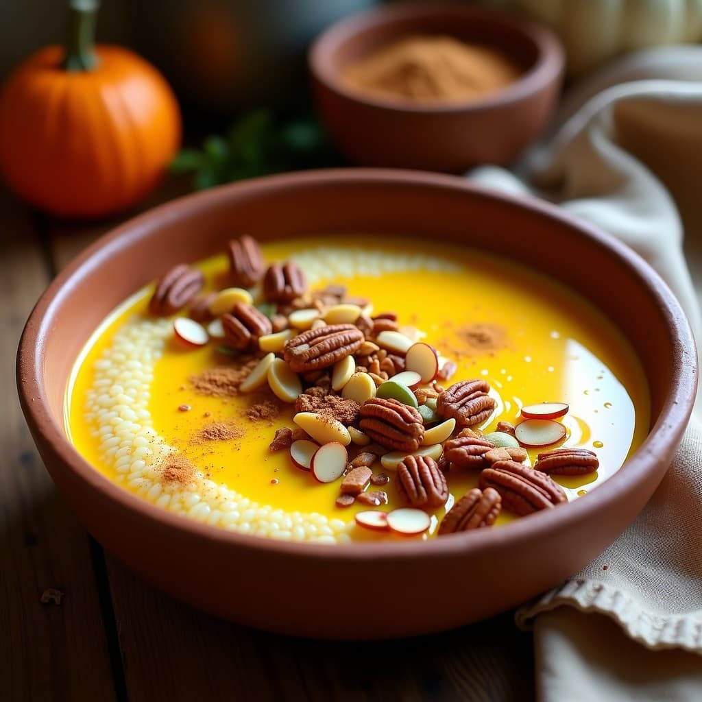Bowl de desayuno mexicano con amaranto cocido cubierto de leche dorada de cúrcuma, decorado con almendras fileteadas, nueces pecanas y semillas de calabaza tostadas, servido en un plato de barro rústico sobre una mesa de madera.