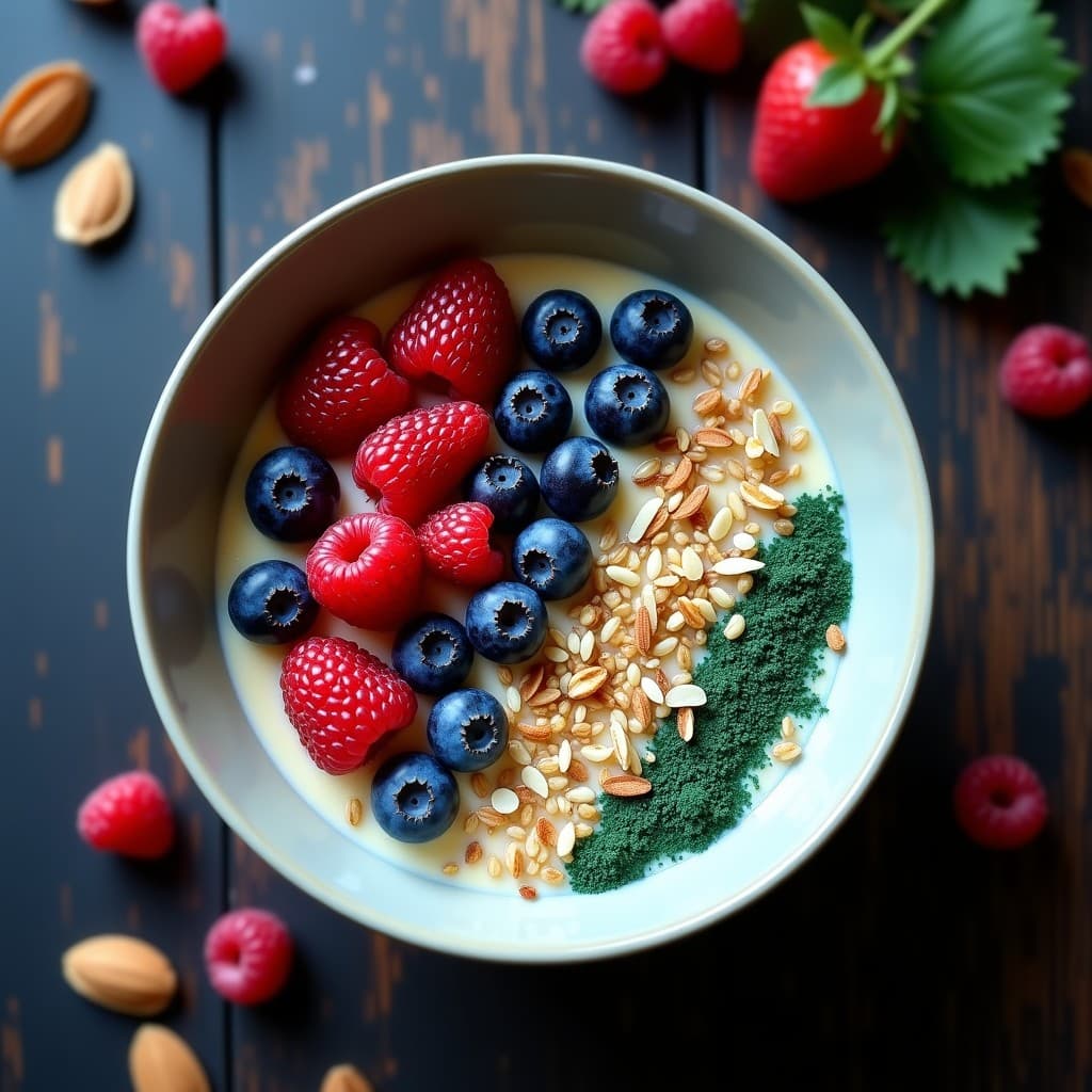 Bowl de amaranto inflado con leche de tigernut de color blanco cremoso, frutas del bosque moradas y rojas, semillas de cáñamo, coco rallado y espirulina en polvo que le da un toque azul verdoso. Presentado en un bol de cerámica negra con fondo de madera rústica.