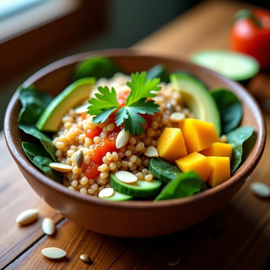 Bowl colorido con base de espinacas, amaranto cocido, cubos de mango Ataulfo dorado, láminas de aguacate cremoso y rodajas de pepino verde. Decorado con semillas de girasol, almendras fileteadas y cilantro fresco. Bañado con una vinagreta dorada y especiada de chili piquín. Receta de bowl de amaranto con mango Ataulfo y vinagreta de chili piquín.