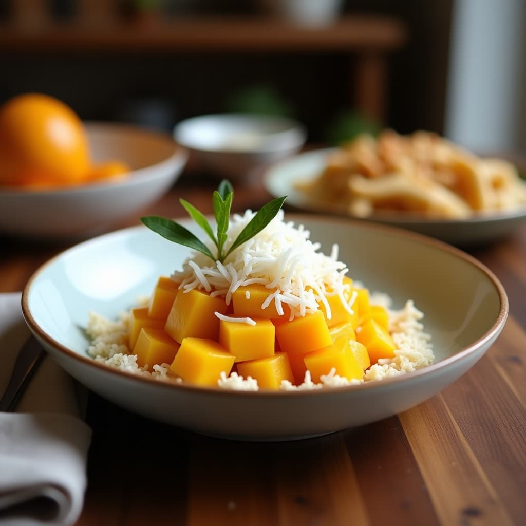 Bowl hondo de cerámica blanca con base de amaranto esponjoso, cubierto de konkurs de mango dorado y especiado, espolvoreado con coco rallado tostado, decorado con hojas de menta y pétalos de flor de calabaza, sobre un fondo rústico de madera.