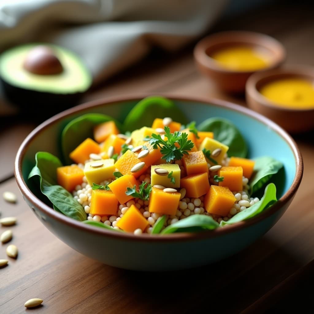 Bowl colorido con base de espinacas frescas, amaranto cocido, cubos de zapallo loche asado y aguacate, bañado en aderezo amarillo cremoso de ají. Decorado con semillas de girasol tostadas y cilantro picado sobre fondo rústico de madera.