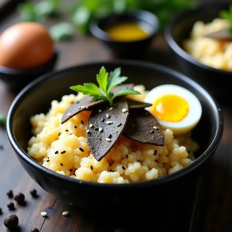 Bowl negro de cerámica con arroz de coliflor cremoso, laminas de trufa negra, huevo escabechado dorado partido por la mitad y semillas de sésamo. Fondo oscuro con detalles de especias y hierbas frescas.
