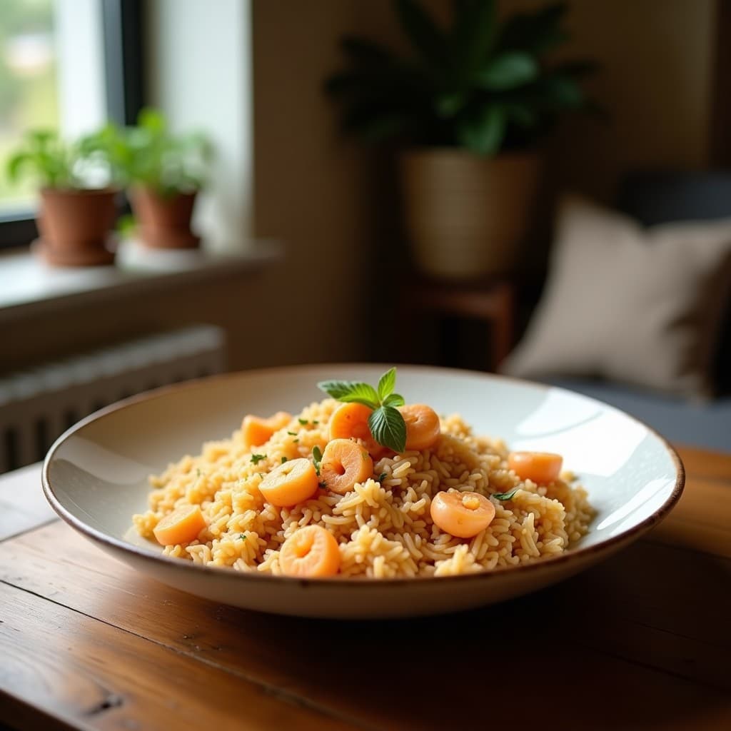 Bowl coreano de arroz salteado con espárragos trigueros verdes, semillas de sésamo negro y blanco, huevo frito y cebollino picado, servido en plato hondo de cerámica oscura con palillos.