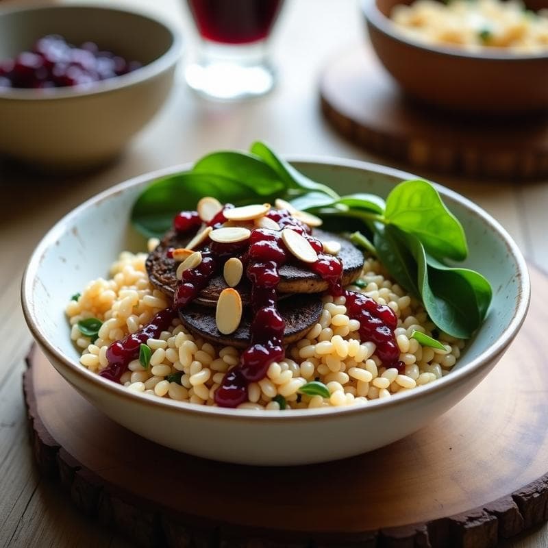 Bowl de arroz salvaje y basmati con champiñones portobello salteados, espinacas frescas, salsa de arándanos oscura y almendras tostadas. Plato colorido y saludable con tonos morados, verdes y marrones, servido en un bol blanco rústico. Receta antiinflamatoria de bowl de arroz salvaje con hongos reishi y salsa de arándanos.