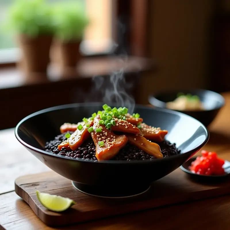 Bowl negro de cerámica con arroz salvaje oscuro y trozos jugosos de pato al cinco especias, decorado con semillas de sésamo y cebollino fresco. Plato tradicional chino en olla express con texturas contrastadas y colores profundos.