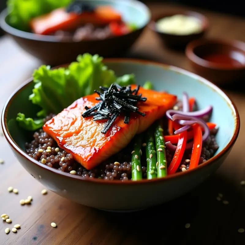 Bowl japonés con arroz salvaje y basmati como base, tacos de salmón teriyaki glaseado y dorado, vegetales salteados coloridos (pimiento rojo, espárragos trigueros y cebolla morada), decorado con tiras de alga nori, semillas de sésamo tostadas y un hilo de aceite de sésamo. Plato vibrante y equilibrado, receta de bowl arroz salvaje salmón teriyaki.