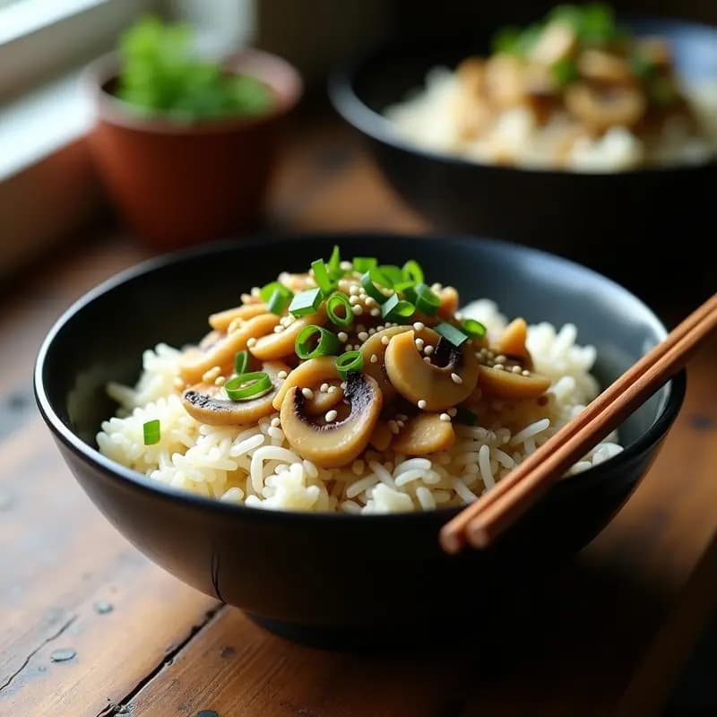 Bowl hondo de cerámica negra con arroz salvaje y blanco mezclado, setas shimeji doradas, espárragos blancos en trozos y semillas de sésamo. Decorado con cebollino fresco y servido con palillos chinos. Plato de receta china sin gluten en olla rápida.