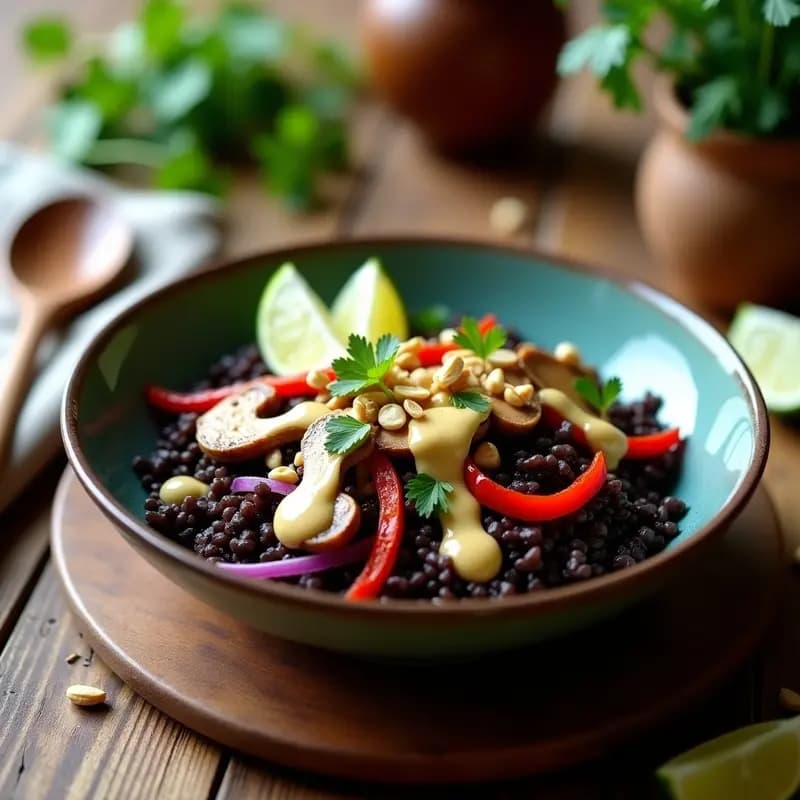 Bowl tailandés de arroz salvaje oscuro con setas shiitake doradas salteadas, pimiento rojo en tiras, cebolla morada y aderezo cremoso de jengibre y leche de coco. Decorado con cacahuetes picados, cilantro fresco y rodajas de lima sobre fondo de madera rústica.