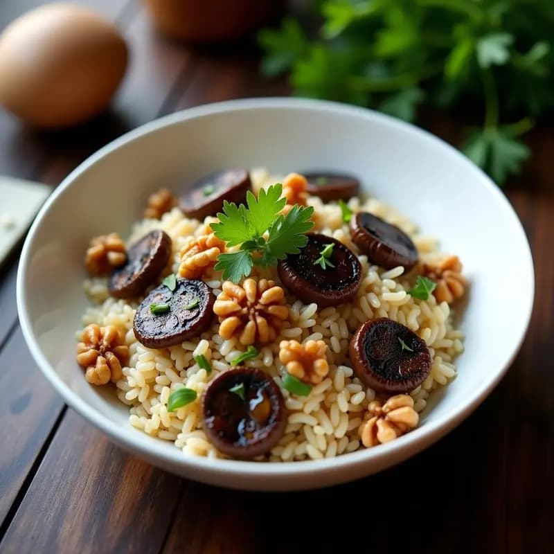 Bowl de arroz silvestre con láminas doradas de setas portobello, nueces tostadas y perejil fresco, servido en un plato hondo blanco con un hilo de aceite de trufa negra. Receta francesa en olla exprés.