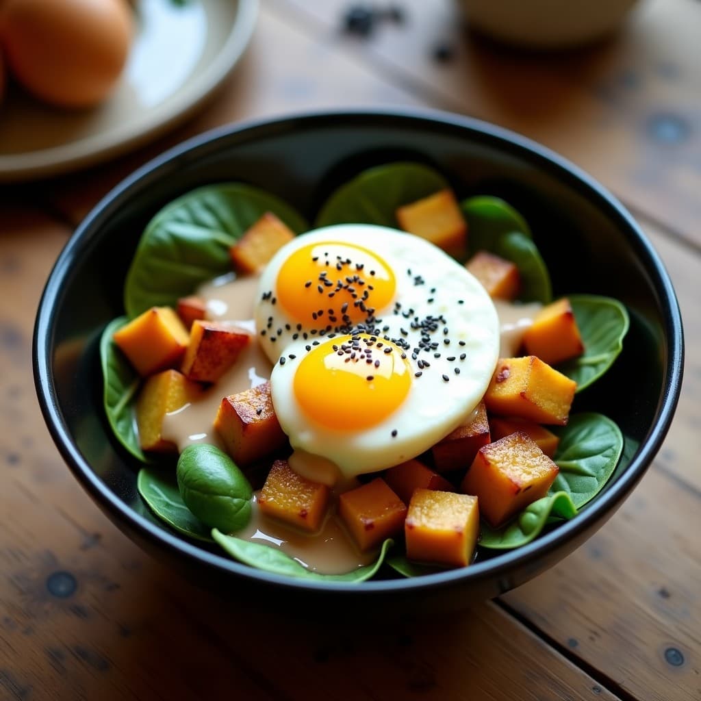 Bowl hondo de cerámica negra con base de espinacas frescas, dados dorados de arrurruz y chirivía asada, huevos de codorniz pelados y salsa de tacó cremosa de color beige. Decorado con semillas de sésamo negro y hierbas provenzales. Plato keto sin gluten con texturas contrastantes.